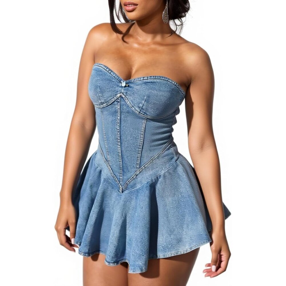 Women's Strapless Denim Dress Off Shoulder Corset Mini Summer Casual